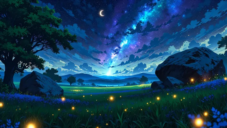 a large rock in a grassy field, with some trees and blue flowers, and a beautiful night sky with stars, a bright moon and an aurora borealis, night scene with some fireflies flying, the scene is frontal