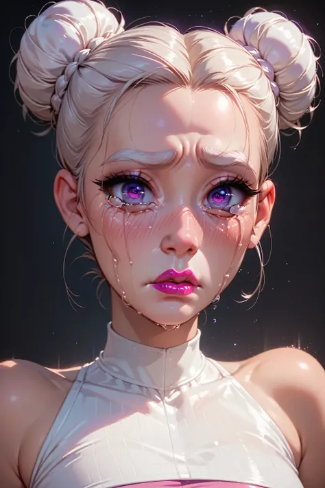 (1girl), (perfect face), ((white bun knot top hair)), (forehead), ((white natural eyebrows)), (((purple eyes, crying eyes))), (((black eyeliners))), (pink blush), ((nose, thick lipstick)), (beautiful girl), (crop top), ((sad face))