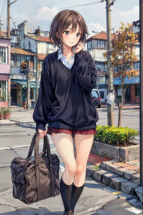 brown hair，shortcuts，messy hair，  slender beauty  ，hole々 Positive Attitude  ，Small box，Beautiful Legs， her enchanting grayish blue eyes shine like stars.，(masterpiece:2.0), (Best Quality:2.0), (super miniskirt, Super short,   girls' school uniform:1.5), (s...