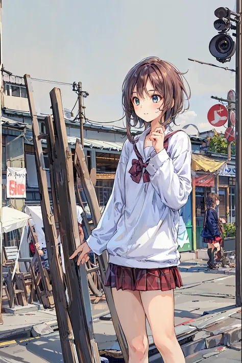 brown hair，shortcuts，messy hair，  slender beauty  ，hole々 Positive Attitude  ，Small box，Beautiful Legs， her enchanting grayish blue eyes shine like stars.，(masterpiece:2.0), (Best Quality:2.0), (super miniskirt, Super short,   girls' school uniform:1.5), (s...