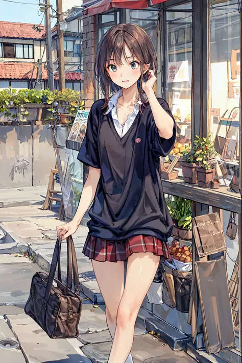 brown hair，shortcuts，messy hair，  slender beauty  ，hole々 Positive Attitude  ，Small box，Beautiful Legs， her enchanting grayish blue eyes shine like stars.，(masterpiece:2.0), (Best Quality:2.0), (super miniskirt, Super short,   girls' school uniform:1.5), (s...