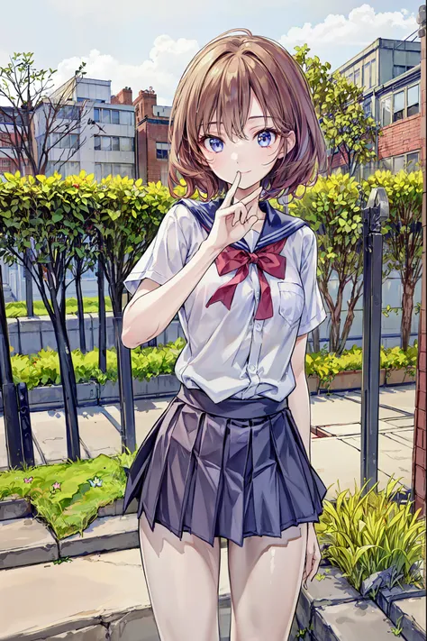 brown hair,shortcuts,messy hair, slender beauty ,hole々 Positive Attitude ,Small box,Beautiful Legs, her enchanting grayish blue eyes shine like stars.,(masterpiece:2.0), (Best Quality:2.0), (super miniskirt, Super short, girls' school uniform:1.5), (s...