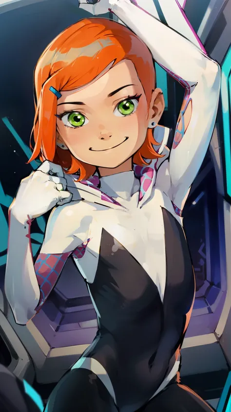 (1girl, orange hair  short hair , green eyes, , smile) (digital) (, in detailed cave, (hooded bodysuit)) , best quality, spidergwen, Gwen Tennyson from Ben 10 