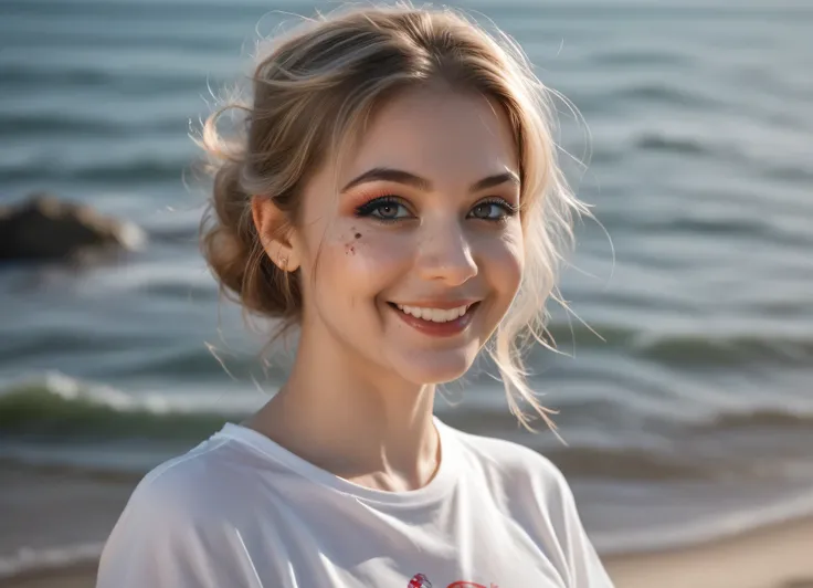 Alone blond Girl topless in the beach, Ultra-realistic portrait of an 18-year-old woman, natural lighting, soft skin texture, detailed facial features, expressive eyes, subtle makeup, casual hairstyle, wearing a simple t-shirt, slightly smiling, neutral ba...