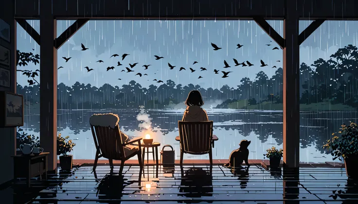 (masterpiece, Best Quality, very detailed), ((16k, high resolution)), dynamic angle, (shadow minimalism:1.3), ((silhouette girl:1.3) taking a seat on the center of beautiful lake:1.2),(many birds:1.3), ((anime:1.4,shape)), (((Rainy Day, Comfortable chair,...