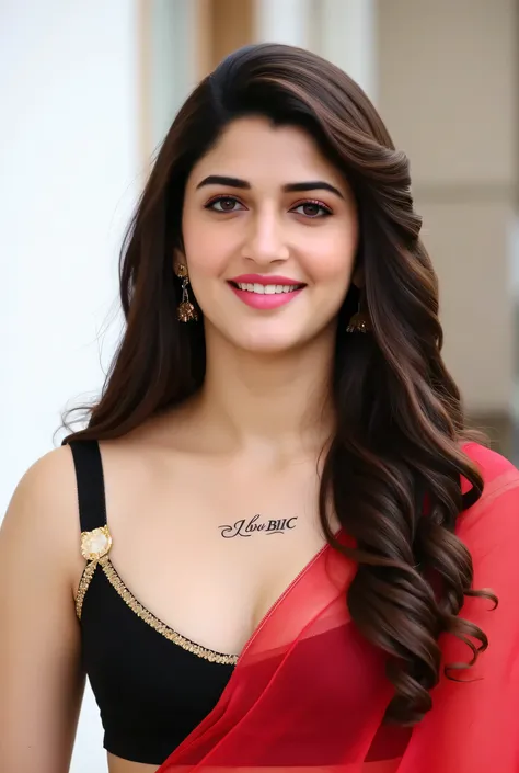 "Indian beautiful actress, smiling, showing deep cleavage, looking at the camera with a seductive shy expression,White skin tone, one sided curly hair. Wearing a transparent Red saree and a sleeveless, strapless black bra. A Blac man grabbed her hip.A bold...