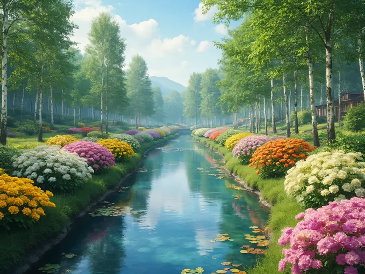 high image quality画像では、beautiful images(Extremely impressive SiveCG Unity 8k images),spectacular canal images of white birches in the woods,high image quality,Flower season,Seven Colored Detailed Flowers,realistic images、Blue sky passing through、fascinatin...