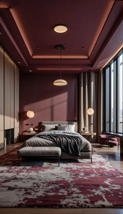 4K,8K,Studio Quality,Inside Highclass Penthouse Tower bedroom, make the photo realistic, vibes color with red and dark, Billionaire Vibes Bedroom,Full Furniture.