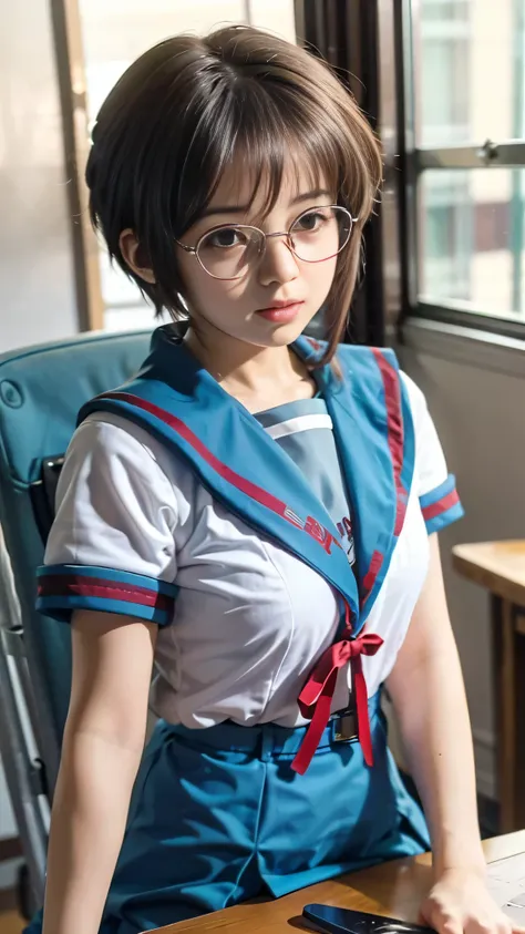 (table top, of the best quality:1.2), 8k,glasses、pubic hair、sailor suit、 Official Art, RAW photo,  (upper body, sailor suit,:1.4),  Beautiful Girl, idol bending over, pleated skirt, school uniform,  Big Breasts　Short sleeve,  Movie Lighting, Detailed Faces...
