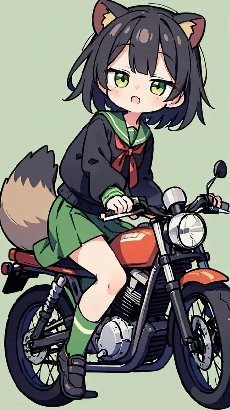 ANIME STYLE、cute face、 female、 Raccoon Ears、Raccoon Tail、black hair、 short hair、 Green Sailor Suit、red ribbon、Green Long Skirt、knee-high、simple background、close both eyes、riding a motorcycle