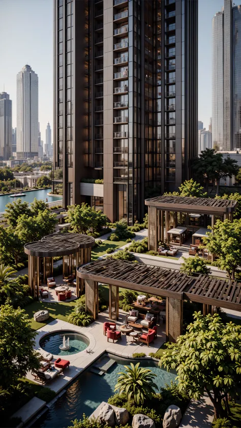 4K,8K,Studio Quality,Inside Highclass Penthouse Tower Roof Garden, make the photo realistic, vibes color with red and dark, Billionaire Vibes Roof Garden,Full Furniture.