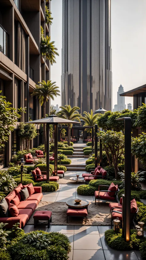 4K,8K,Studio Quality,Inside Highclass Penthouse Tower Roof Garden, make the photo realistic, vibes color with red and dark, Billionaire Vibes Roof Garden,Full Furniture.