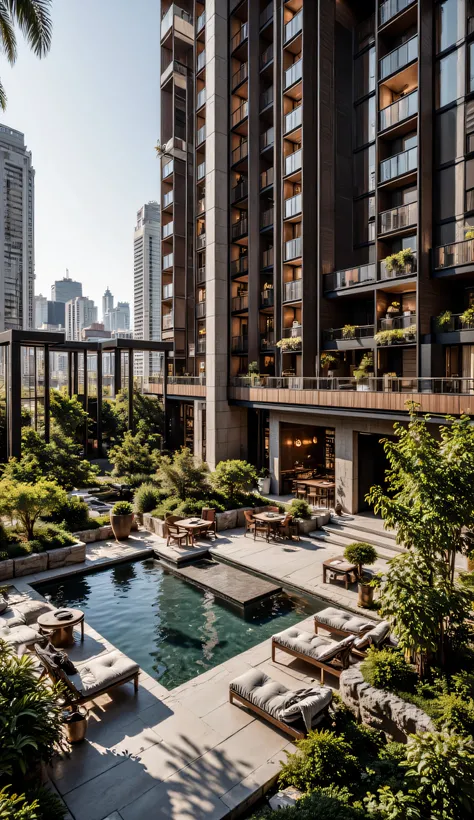 4K,8K,Studio Quality,Inside Highclass Penthouse Tower Roof Garden, make the photo realistic, vibes color with red and dark, Billionaire Vibes Roof Garden,Full Furniture.