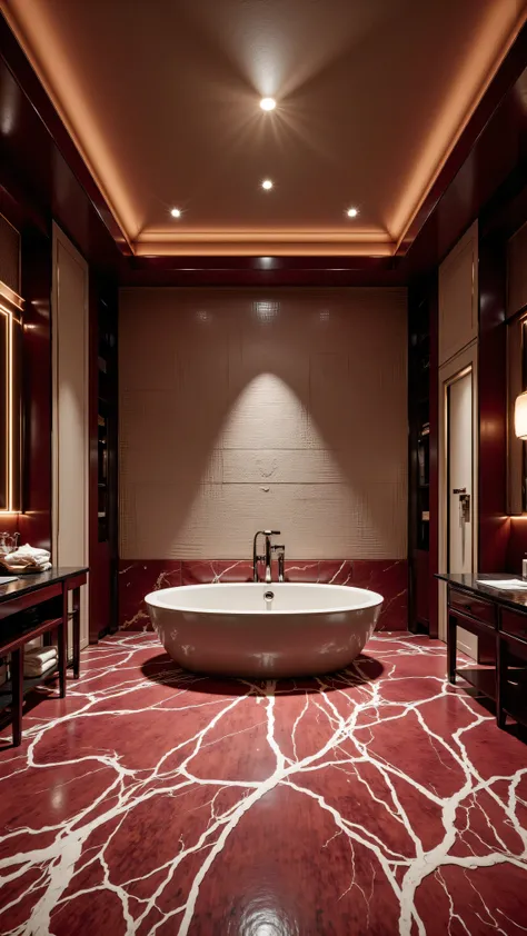 4K,8K,Studio Quality,Inside Highclass Penthouse Tower Bathroom, make the photo realistic, vibes color with red and dark, Billionaire Vibes Bathroom,Full Furniture.