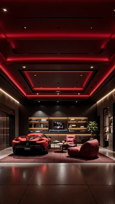 4K,8K,Studio Quality,Inside Highclass Penthouse Tower Garage, make the photo realistic, vibes color with red and dark, Billionaire Vibes Garage,Full Furniture.