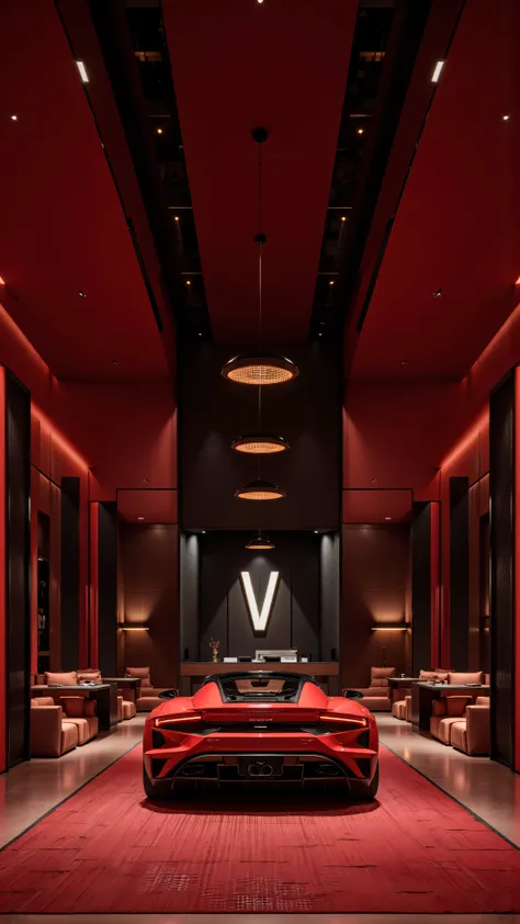 4K,8K,Studio Quality,Inside Highclass Penthouse Tower Garage, make the photo realistic, vibes color with red and dark, Billionaire Vibes Garage,Full Furniture, also Make a Wall Sign with text "VANDAI STUDIOS"
