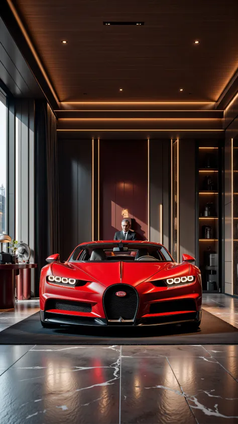 4K,8K,Studio Quality,Bugatti Chiron Car, Inside Highclass Penthouse Tower Garage, make the photo realistic, vibes color with red and dark, Billionaire Vibes Garage,Full Furniture.