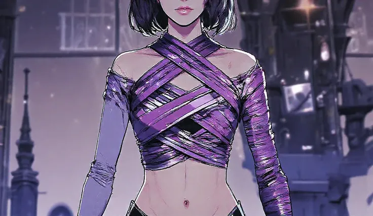 Draw a shirt made of purple and violet strips of fabric with long sleeves, displayed on a mannequin in front view so that you can see all the details of the long sleeves.

Waist
There will be four strips of fabric that will wrap around the waist, alternati...