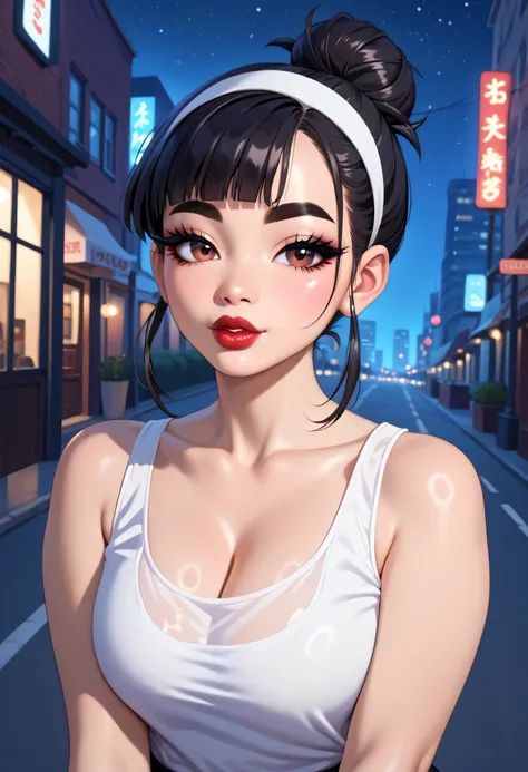 night sky, city street, perfect face, (black hair, top knot hair bun), (white headband), black eyebrows, thick eyebrows, black eyelashes, black eyeliners, light brown eyes, bright red lips, thick lips, beautiful woman, white tank top, (female asian, asian ...