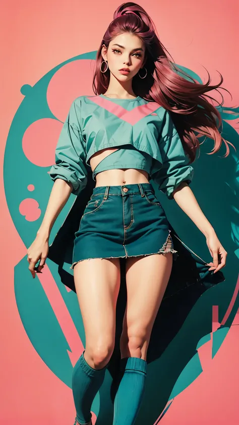 woman, 1980’s art design, retro, crop top, knee high skirt (flat colors, flat texture, lineart:1.2), graphical design, view from above, pink and teal, style by smeglejj