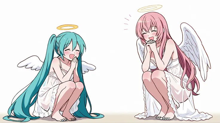 Megurine Luka,hatsune miku, white angel wings,sheer lingerie,An angel is an angel's halo on the head ,praying,high resolution, looks, blushes, smiles, open your mouth, Best Quality, full body,squatting