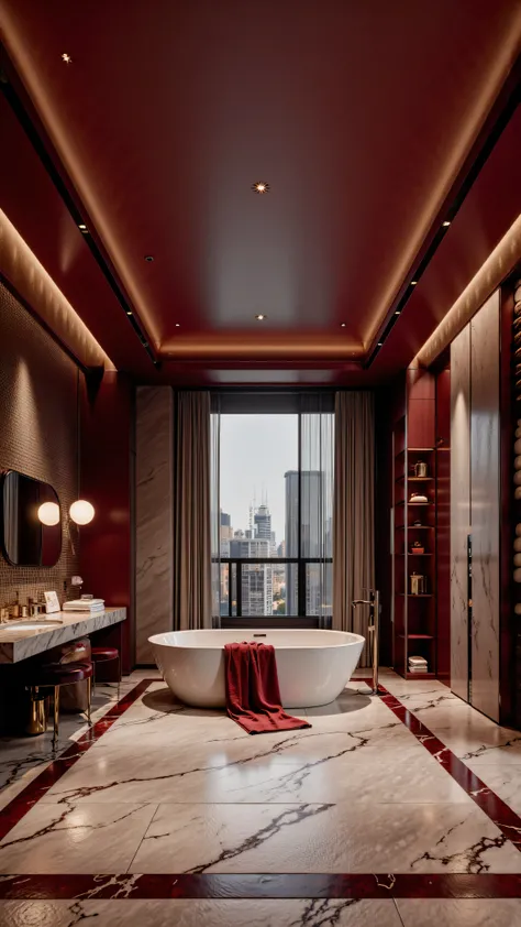4K,8K,Studio Quality,Inside Highclass Penthouse Tower Bathroom, make the photo realistic, vibes color with red and dark, Billionaire Vibes Bathroom,Full Furniture.