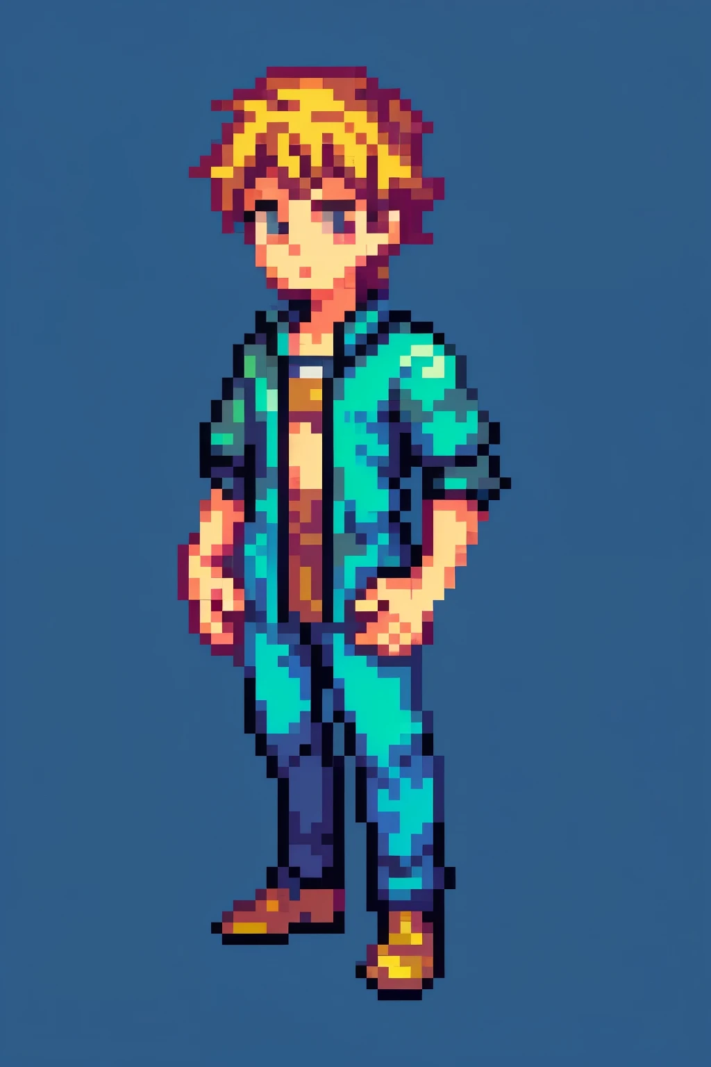 young, 1boy, 1 boy, full body, pixelart, pixel, pixel art, solid background, no background, relaxed, hands by sides, front view, facing forward, facing front.