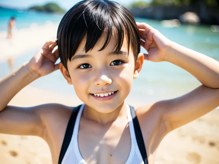 かわいいboy, cute boy ,elementary school student,Japanese,naked,smile,from the beach,boy,,side,かわいいboy, cute ,arms,side見せ, I'll raise one hand ,swimsuit