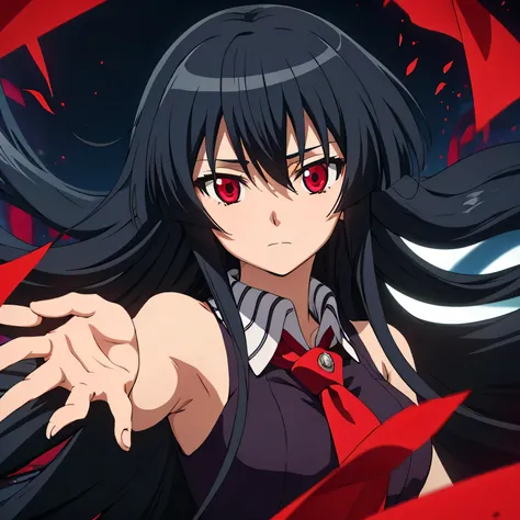 solo, 1girl, looking at viewer, 2D, anime, anime coloring, upper body, akame, necktie, sleeveless, emotionless face, glowing red eyes in an ethereal, dreamlike setting surrounded by floating translucent paper sheets, using a color palette of crimson, black...