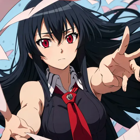 solo, 1girl, looking at viewer, 2D, anime, anime coloring, upper body, akame, necktie, sleeveless, solo, emotionless face, glowing red eyes, ethereal dreamlike setting surrounded by floating translucent paper sheets, color palette of crimson, black, silver...