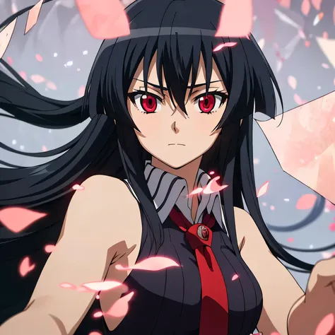 solo, 1girl, looking at viewer, 2D, anime, anime coloring, upper body, akame, necktie, sleeveless, solo, emotionless face, glowing red eyes, ethereal dreamlike setting surrounded by floating translucent paper sheets, color palette of crimson, black, silver...