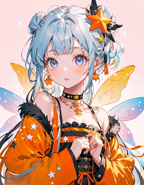 BEST DETAILS、 1 girl,,Blink,(milky white and blue gradation hair color)、( the hair color is milky white and the tips of the fur are blue)、 The Cutest Girl in the World ,(orange neon color star choker、 Please wear a cute dark blue and orange goth kimono c...