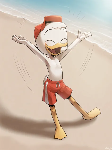 (masterpiece, best quality, very aesthetic, absurdres, artist:sakura, beach, shaded, motion lines, action lines,) 1boy, male, solo, huey duck, beak, eyes closed, on model, red swimming trunks, red hat, (happy, smile:1.2) perfect white bare skin, perfect ba...