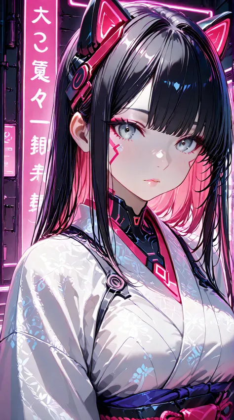 Masterpiece, Best Quality, Top Quality, Very Detailed, 1 girl, A hyper-realistic anime-style portrait of a futuristic cyber geisha girl. She has pale porcelain skin, sleek black hair with straight bangs, and intense grey eyes with red neon reflections. Sub...