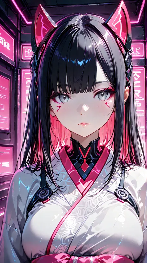 Masterpiece, Best Quality, Top Quality, Very Detailed, 1 girl, A hyper-realistic anime-style portrait of a futuristic cyber geisha girl. She has pale porcelain skin, sleek black hair with straight bangs, and intense grey eyes with red neon reflections. Sub...