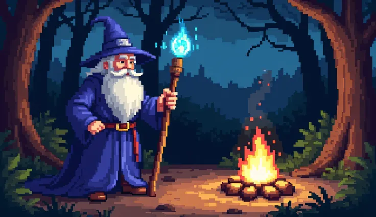 8-BIT PIXEL ART of an old wizard in a medieval setting. The wizard has a long beard and wears a blue robe and a pointed hat. He holds a wooden staff, which may have a glowing crystal or some magical energy at the tip. The campfire casts a warm glow, illumi...