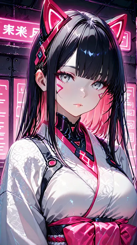 Masterpiece, Best Quality, Top Quality, Very Detailed, 1 girl, A hyper-realistic anime-style portrait of a futuristic cyber geisha girl. She has pale porcelain skin, sleek black hair with straight bangs, and intense grey eyes with red neon reflections. Sub...