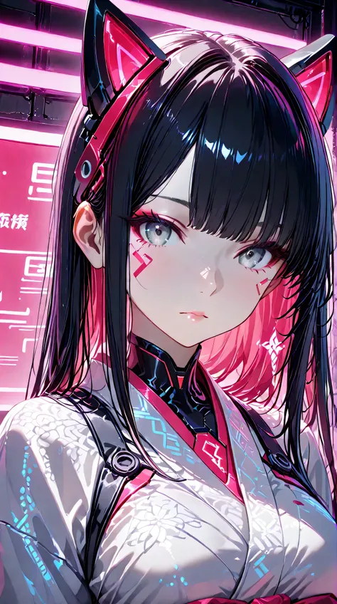 Masterpiece, Best Quality, Top Quality, Very Detailed, 1 girl, A hyper-realistic anime-style portrait of a futuristic cyber geisha girl. She has pale porcelain skin, sleek black hair with straight bangs, and intense grey eyes with red neon reflections. Sub...