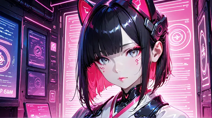 Masterpiece, Best Quality, Top Quality, Very Detailed, 1 girl, A hyper-realistic anime-style portrait of a futuristic cyber geisha girl. She has pale porcelain skin, sleek black hair with straight bangs, and intense grey eyes with red neon reflections. Sub...