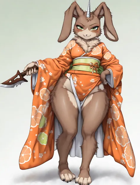 anthro fantasy anime female rabbit demi-human with dagger blade protruding from forehead like a white unicorn horn and more human face with rabbit like ears and rabbit like legs ((masterpiece)), ((HD)), ((high res)), ((solo portrait)), ((full body)), ((f...