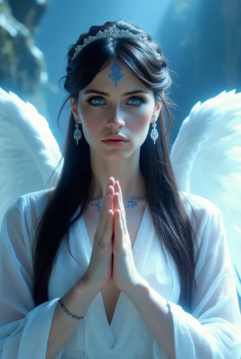 (((shining blue electric eyes))), extremely beautiful angelic girl with electric white wings, long flowing dark black hair, white pale skin with blue tattoos and markings, low white almost transparent medieval robes, gracious face, detailed fantasy portrai...