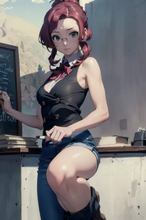 MIZUHO KAZAMI, (stylized by Maxfield Parrish: 1.5), TEACHER, CHALKBOARD, SHIRT, PURPLE EYES, GLASSES, SLEEVELESS, GOOD FIGURE, HOLDING A PIECE OF CHALK, RED HAIR, DRILL HAIR, SLEEVELESS SHIRT, SIDELOCKS, BARE SHOULDERS, LONG HAIR, PONYTAIL, MATURE FEMALE, ...