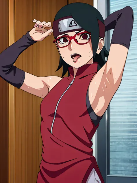 Sarada Uchiha,human woman with fair skin. She is a r with black eyes and red clothing. Her hair is black in color; She is beautiful.Wearing red rimmed glasses.Tsundere face. Pink eye shading,mature appearance,armpits,sweat,sweaty,sweaty armpits,arms up,s...