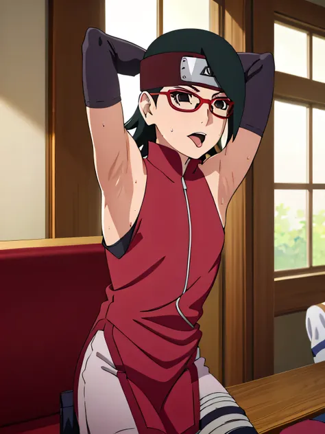 Sarada Uchiha,human woman with fair skin. She is a r with black eyes and red clothing. Her hair is black in color; She is beautiful.Wearing red rimmed glasses.Tsundere face. Pink eye shading,mature appearance,armpits,sweat,sweaty,sweaty armpits,arms up,s...