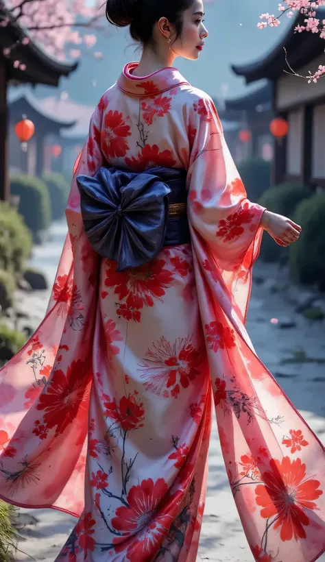 Utamaro's Ukiyo-e 、Beautiful Ukiyo-e composition、HD、4K、8k、16k、Woman uper high resolution、detailed description、A kimono with a bright white floral pattern that looks like art、A work like the culmination of Ukiyo-e、 color difference、bewitching beautiful woma...