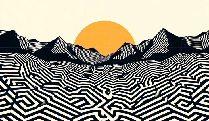 Landscape with mountains, um campo, sun setting,  geometric , made entirely of patterns with parallel lines, as if it had been made with ribbons.