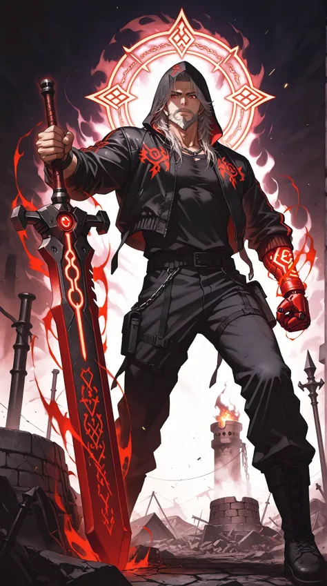 male, 27 years old, urban dark fantasy, black parka jacket, glowing red kanji straps, glowing red eyes, shadowy hood, slim athletic build, demonic mechanical right arm, gothic details, tight black shirt, ripped tactical pants, rune engravings, heavy combat...