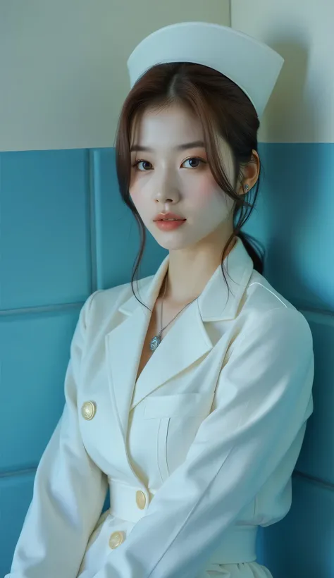 long shot, whole body,A very beautiful Japanese nurse, wearing a nurse uniform, sitting in a cell looking at the camera