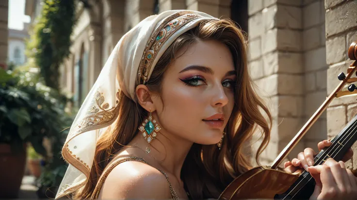 A young woman with beautiful eye makeup, wearing a shimmering traditional headscarf and jewelry, is playing an oud instrument. She looks focused and graceful. The background is a wall or building with a light brown earthy texture, with soft lighting highli...