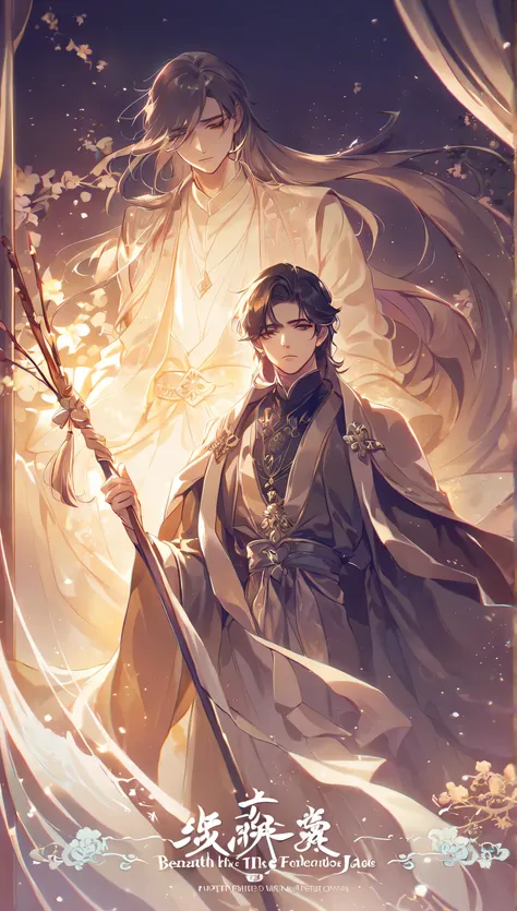 The title, Beneath the Forbidden Jade Shadows, needs a beautiful tone. The character's gesture is a man who is sketching a broom with his back not seeing his face. The mood is longing and sadness, the atmosphere of the beautiful and the beautiful clothes, ...